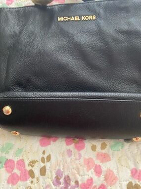 Michael Kors Black Leather Shoulder Bag with Gold Accents